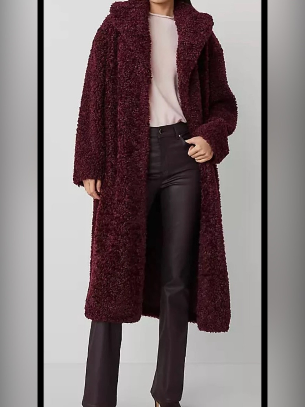 Ann Taylor Long Teddy Boucle Textured Coat in Burgundy